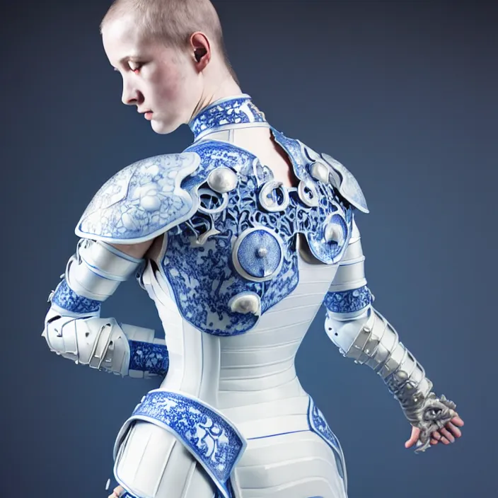 Image similar to porcelain cyborg armor, Chinese Blue and white porcelain 14th century, diffuse lighting, fantasy, intricate, elegant, highly detailed, lifelike, photorealistic, digital painting, artstation, illustration, concept art, smooth, sharp focus, art by John Collier and Albert Aublet and Krenz Cushart and Artem Demura and Alphonse Mucha
