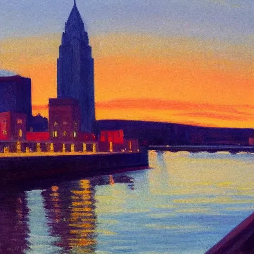 Prompt: a beautiful painting of Columbus Ohio by Edward Hopper, golden hour, 8k, 4k