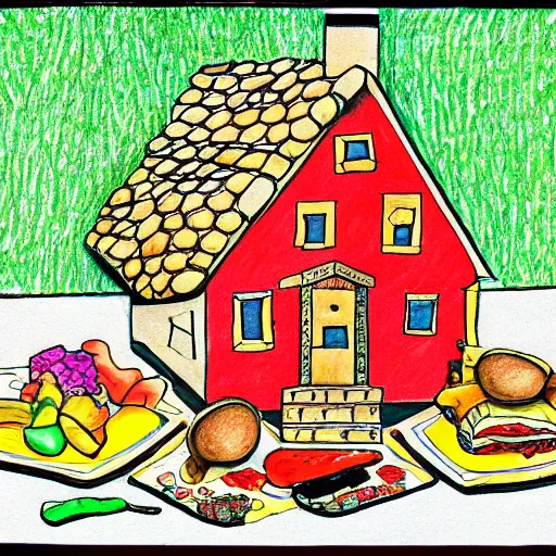 Image similar to drawing of a house with kids made out of food leftovers. Highly detailed. Art by Gordon Ramsey