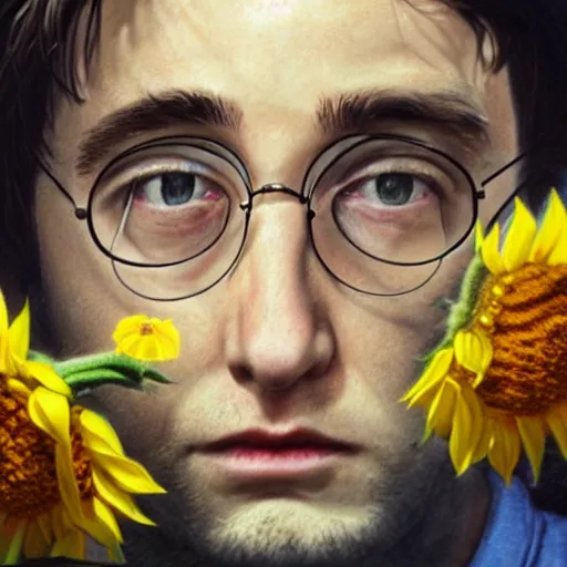 Image similar to hyperrealism portrait where harry potter appears holding and smelling a sunflower, in the background is the moon