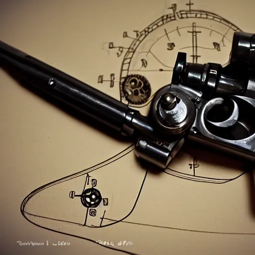 Image similar to technical drawing a steampunk revolver