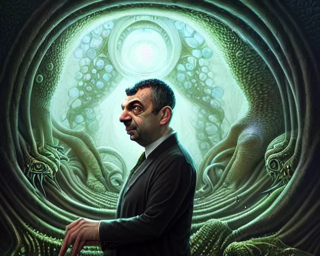 Image similar to lovecraft biopunk portrait of rowan sebastian atkinson, fractal background, cthulhu behind him, by tomasz alen kopera and peter mohrbacher