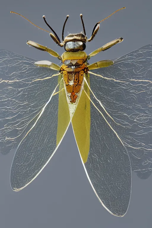 Image similar to transparent rare insect with reaction diffusion patterns. with wings, top down view. close up photo. high detail