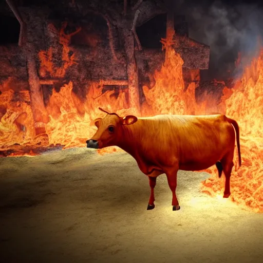 Image similar to a cow in hell, surrounded by fire, realistic render