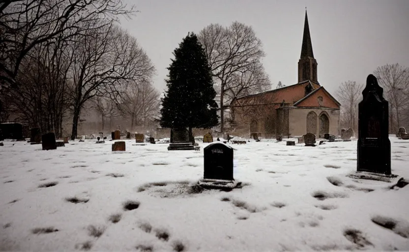 Image similar to inside a snowy graveyard with 18th century gothic church in the background with candles cold and sad in the shining by stanley kubrick, shot by 35mm film color photography