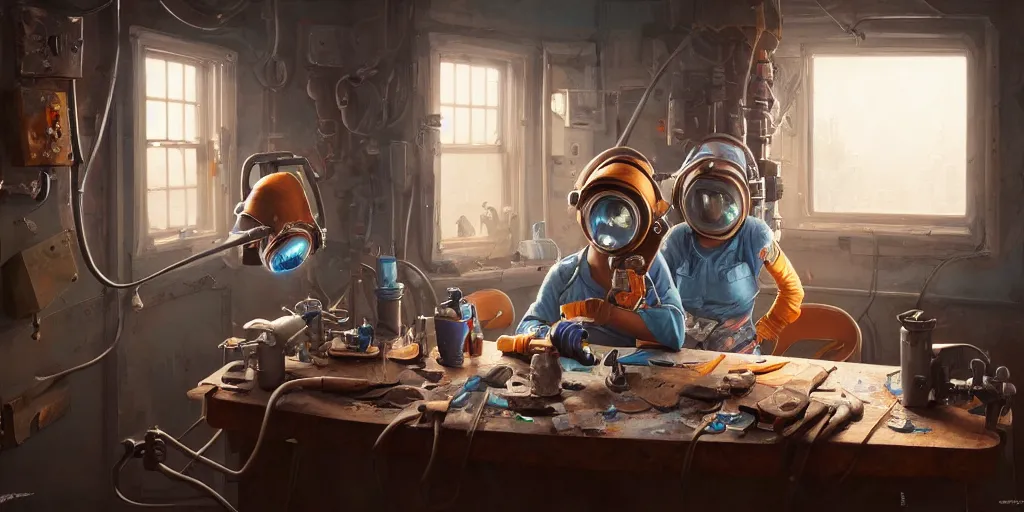 Image similar to highly detailed portrait painting of welder girl, room mono window, table mess, by eddie mendoza and tyler edlin, 8 k resolution