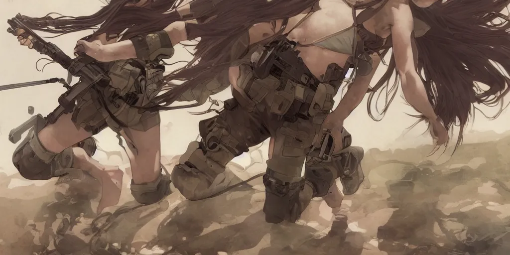 Image similar to soldier girl, anatomy, ground explosion, anime style, long hair, hair down, symmetrical facial features, under heavy fire, hyper realistic, pale skin, 4 k, rule of thirds, extreme detail, detailed drawing, trending artstation, hd, fantasy, d & d, realistic lighting, by alphonse mucha, greg rutkowski, sharp focus, backlit, soldier cloth