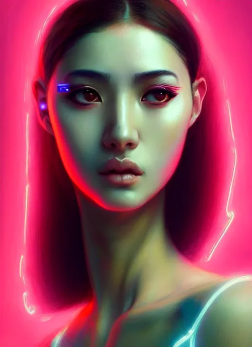 Image similar to photorealistic an oriental female humanoid with heavy freckle cheeks, cyber neon lightings, futurism, cyberpunk high fashion, glamorous profile pose, intricate details, crispy quality, digital photography, trending in artstation, trending in pinterest, no watermark signature, cinematic, 4 k ultra hd, art by artgerm, art by greg rutkowski, art by pascal blanche