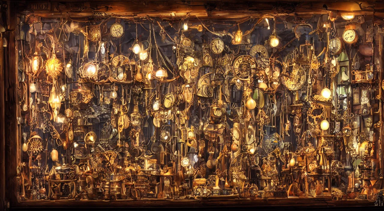 Prompt: steampunk shop window by don bluth, darkness, neon lights, photo realistic, completely filled with interesting oddities, things hanging from ceiling, light bulbs, cinematic