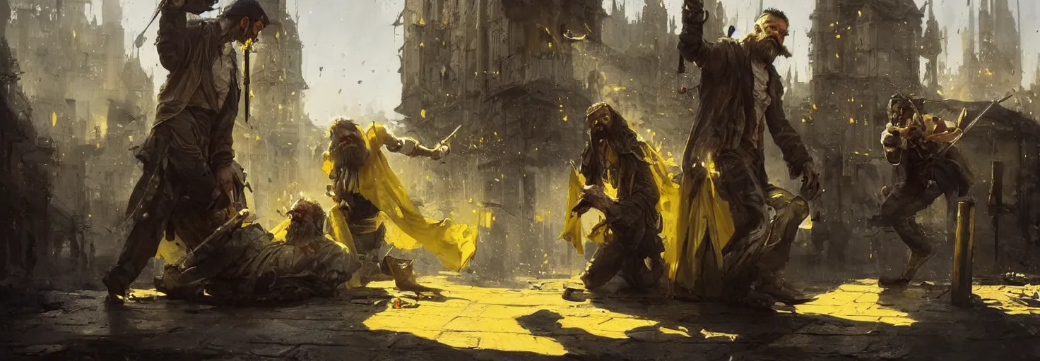 Image similar to one homeless man strangles another bearded homeless man with yellow underpants, fantasy duel, high detail, very realistic, by greg rutkowski, by james gurney ultra clear detailed