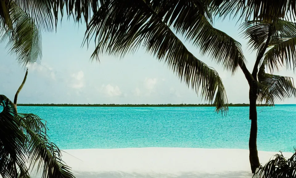 Image similar to 35mm film still magic morning light over an island in the maldives, by Alex grey