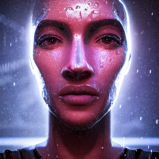 Image similar to human portrait sculpted out of rain, beautiful, neon, epic detail, galactic background, rendered in octane, unreal engine, realistic