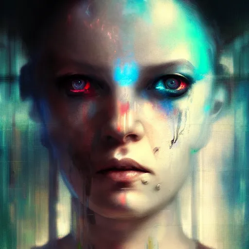 Prompt: female cyberpunk portrait by cy Twombly and BASTIEN LECOUFFE DEHARME, iridescent, volumetric lighting, neon glow