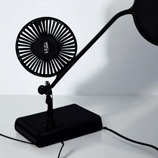 Prompt: desk fan with a tube attached to the back leading to the top of the room, professional photography, studio lighting