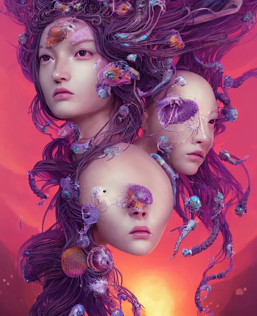 Image similar to goddess close-up portrait of princess face and ram skull. eyes. jellyfish phoenix head, nautilus, orchid, skull, betta fish, bioluminiscent creatures, intricate artwork by Tooth Wu and wlop and beeple. octane render, trending on artstation, greg rutkowski very coherent symmetrical artwork. cinematic, hyper realism, high detail, octane render, 8k