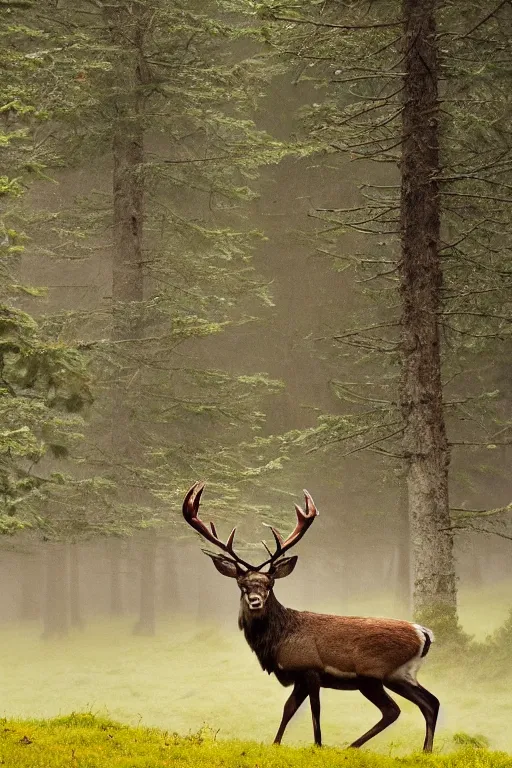 Prompt: beautiful photo of a stag with large antlers in a pine forest in the early ours of the morning with morning fog and dew on the grass. daylight. nature. photography. national geographic. 1 0 0 mm. f / 2. 5