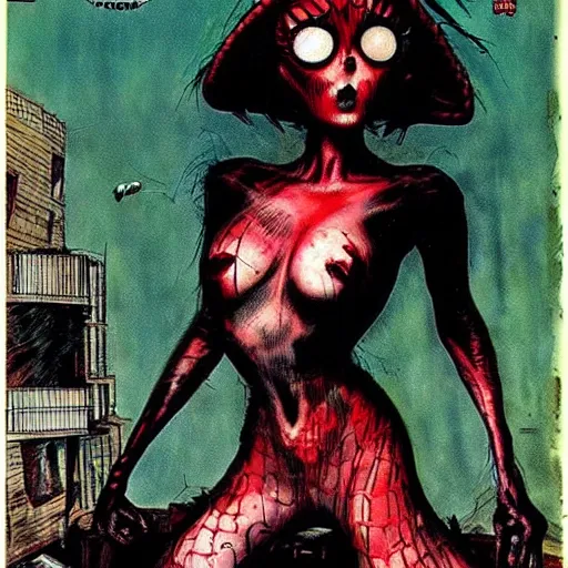 Image similar to portrait of a extremely frightened beautiful spider girl vintage comic book cover, by enki bilal, 1 9 6 8, dramatic, noir, creepy, surreal, weird, incredible, photo real 7 0 4