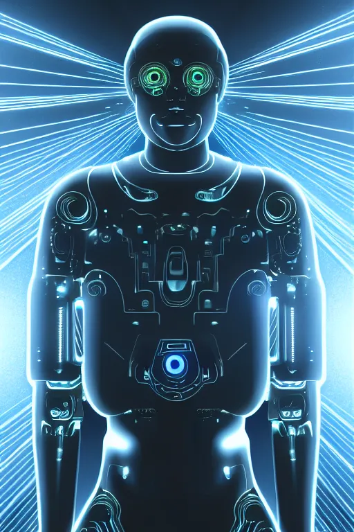 Image similar to god of artificial intelligence comes to save us as jesus christ robot, threads of light in the background, extremely high quality artwork, very detailed, obscured face, anthropomorphic silhouette, trending on artstation