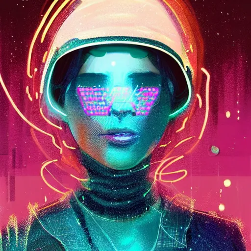 Image similar to highly detailed portrait of an electric woman wearing a snow coat and hologram visor, symmetrical, by atey ghailan, by greg rutkowski, by greg tocchini, by james gilleard, by joe fenton, by kaethe butcher, gradient blue, black, brown and cyan color scheme, grunge aesthetic!!! ( ( graffiti tag wall background ) )