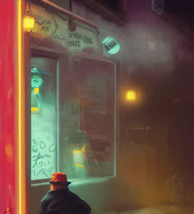 Prompt: foggy neon night, eric cartman leaning back against a wall smoking a cigarette outside a neon lit entrance, 1 9 7 0 s, intricate, moody, tasteful, intimate, highly detailed, short focus depth, artgerm, donato giancola, joseph christian leyendecker