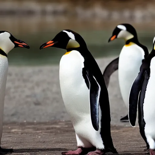 Prompt: a group of penguins with human semblances