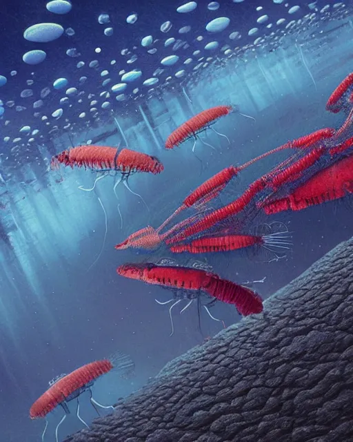 Prompt: A beautiful hyper realistic matte painting of darkfield microscopy krill Copepods Under Microscope by Justin Gerardof, John Howe, Albert Bierstadt, Alena, vivid color hues, Trending on artstation , opalescence, refraction, aesthetic plethora of ocean life precious Planktonia phytoplankton diatom protozoa