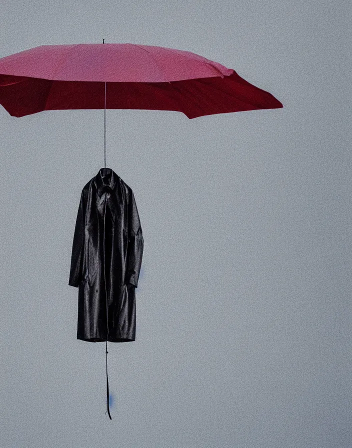 Image similar to close - up portrait of an empty slick fashionable zara raincoat floating suspended mid - air on a glittering rainy display designed by james terrell, wes anderson, symmetry, rule of thirds