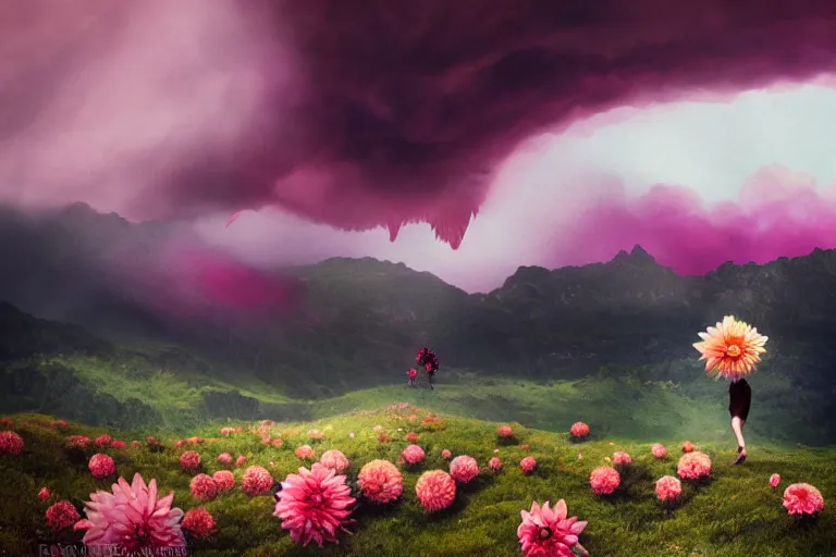 Image similar to giant dahlia flower crown head, woman walking on mountain, surreal photography, pink storm clouds, dramatic light, impressionist painting, digital painting, artstation, simon stalenhag