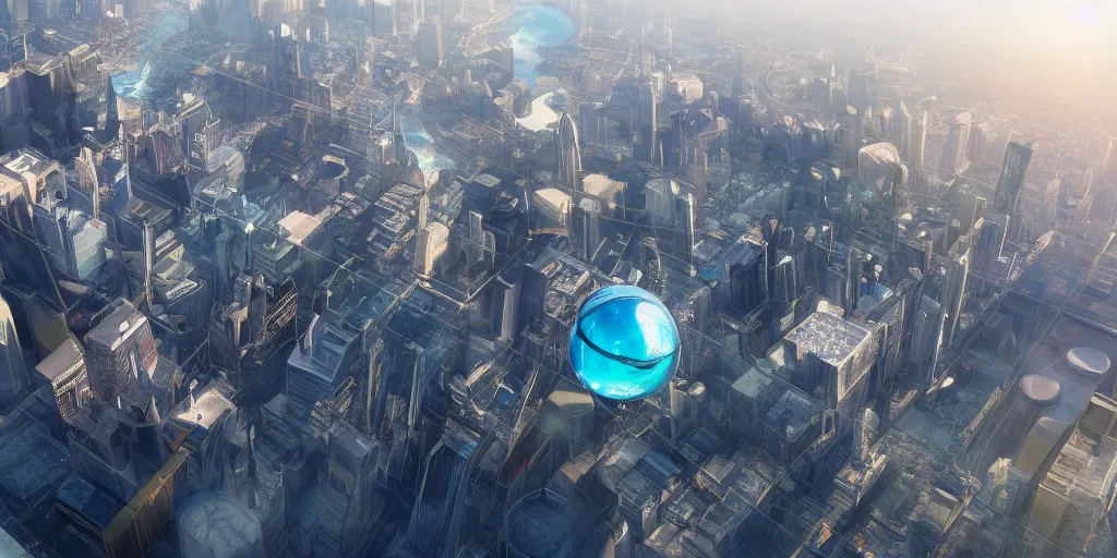 Prompt: giant city encased in glass tethered to the planet below, ray tracing, refractive, award winning, trending on artstation, digital art. highly detailed 8 k. intricate. lifelike. soft light. nikon d 8 5 0.