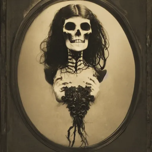 Prompt: a photo of young woman with horse face, gothic style, skulls are lying underneath