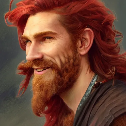 Prompt: portrait of a young ruggedly handsome but joyful pirate, male, masculine, upper body, crimson hair, long hair, d & d, fantasy, giddy smirk, intricate, elegant, highly detailed, digital painting, artstation, concept art, matte, sharp focus, illustration, art by artgerm and greg rutkowski and alphonse mucha