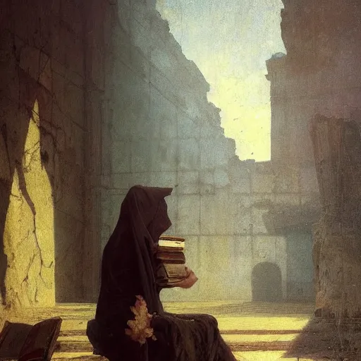 Image similar to half portait of magican wearing a cowl with big old book!, jeremy mann, jean leon gerome, tiepolo, alphonse mucha, greg rutkowski, face in the shadows, ( ( ruins of ancient rome ) ), at dusk, mysterious atmosphere, sunrays, dof, masterpiece, high detailed, 8 k