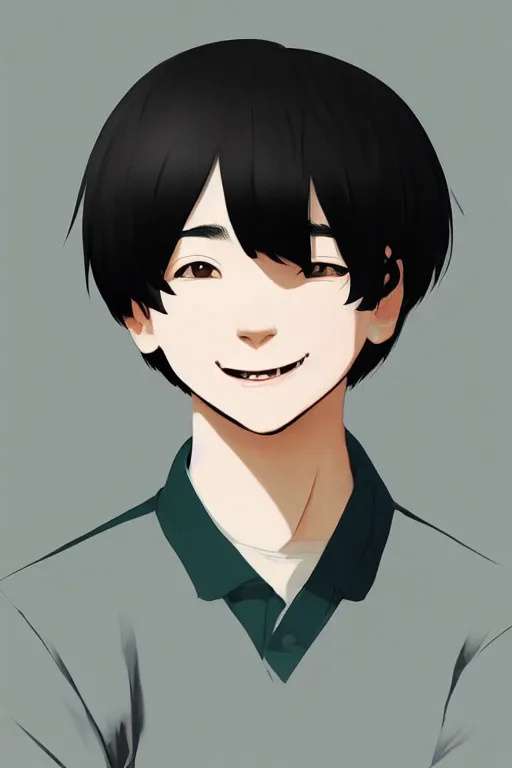 Image similar to a headshot of a very happy yoongi gummy smile - short black hair wearing male school uniform, sharp focus, illustration, morandi color scheme, art station, high detailed, by ilya kuvshinov, gorillaz art