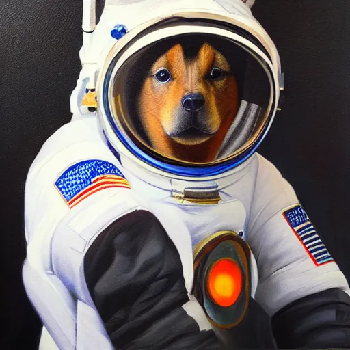 Prompt: oil painting of a shina inu in an astronaut suit