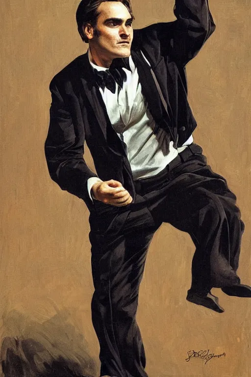 Prompt: joaquin phoenix dancing by Joseph Christian Leyendecker