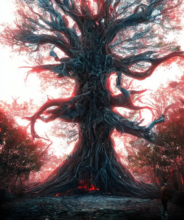 Prompt: monster tree, ray tracing effects, rtx on, award winning photograph, realistic, by jim lee, photorealism, advanced graphics, magnum opus, cyberpunk, ablaze, consumed by flames