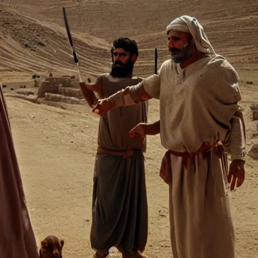 Prompt: cinematic still of angered middle eastern skinned man in ancient Canaanite farmer clothing brandishing a knife at a middle eastern skinned shepherd in ancient Canaanite shepherd clothing, farm background, directed by Ridley Scott