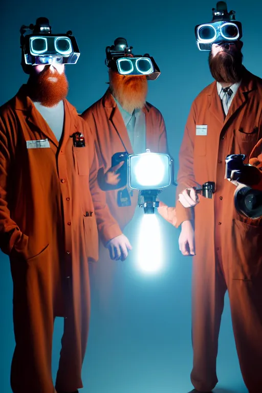 Image similar to a person with 3 eyes, person with a 3rd eye in the middle of their forehead, an awkwardly tall scientist with 3 eyes and a tangled beard and unruly red hair atop his balding head wearing a headlamp a labcoat and welding goggles and holding a beaker, led headlamp, high resolution film still, movie by Ivan Reitman