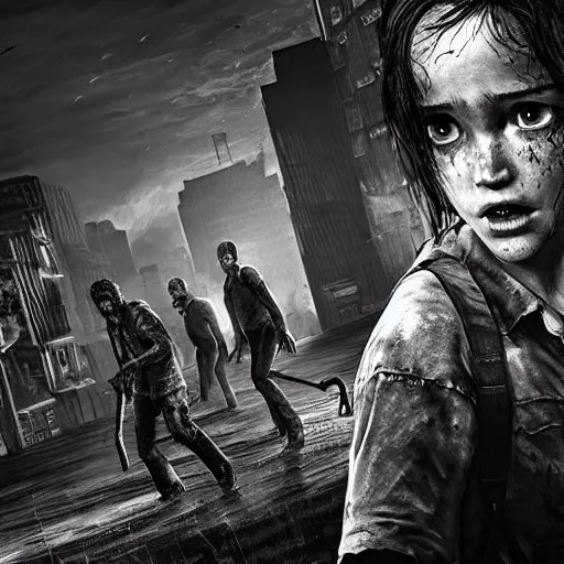 Image similar to a well lit apocalypse with zombies from the last of us, noir, highly detailed, hyperrealistic, artstyle