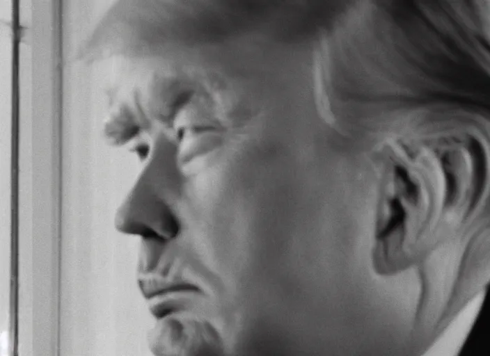 Image similar to screenshot from moody scene of Donald Trump looking out window, in High and Low, 1963 film directed by Akira Kurosawa, kodak film stock, black and white, anamorphic lens, 4K, detailed, stunning cinematography and composition shot by Takao Saito, 70mm