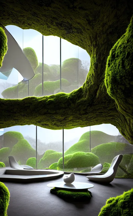 Prompt: highly detailed ultra sharp villa natural light interior soft cinematic cellular composition of a smooth ceramic porcelain biomorphic magnolia stone nebula fluid sci - fi surreal architecture landscape, furniture, granite, trees, marble, moss, lichen, fungi, vincent callebaut composition, mamou - mani, archviz, 8 k, unreal engine, hdr