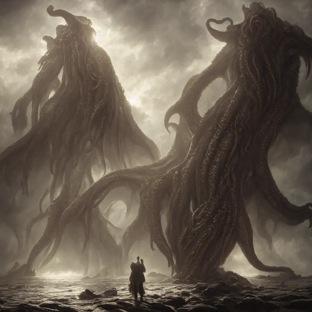 Prompt: human looking at big monstrosity portrait of Cthulhu, hyperdetailed, artstation, cgsociety, soft lighting, crepuscular rays, realistic octane render, 8k, ultra detailed, concept art, hyperdetailed, artstation, cgsociety, by greg rutkowski, by Gustave Dore, painted by gaston bussiere