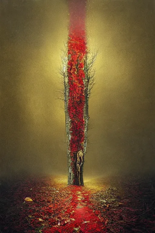 Image similar to immaculate painting of A Beautiful fine detailed gold and red and black Forest Illusion by erik johansson micro detailing