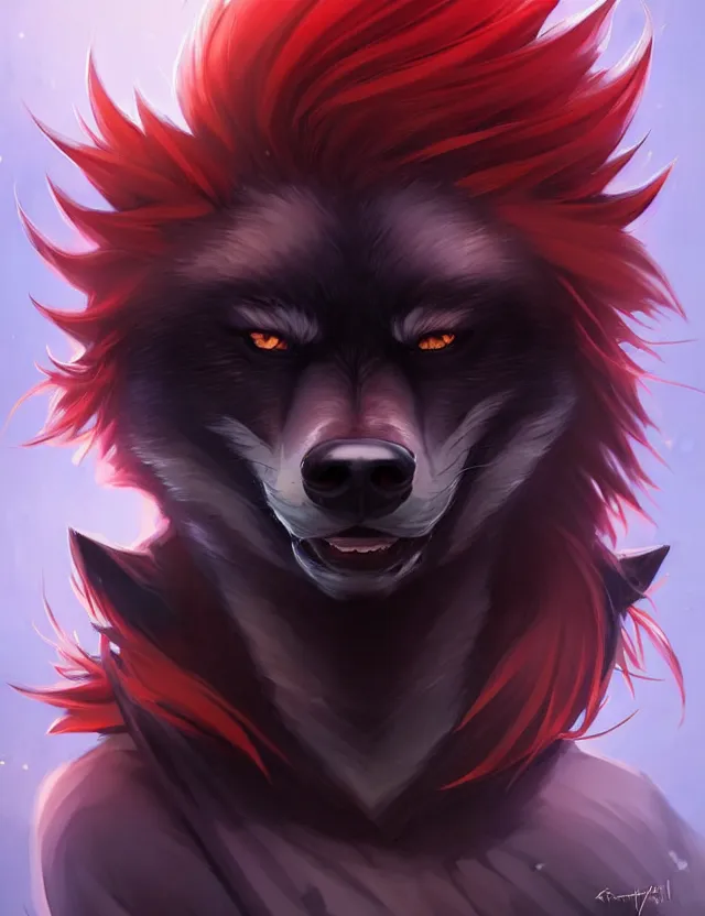 Image similar to character concept art of a black anthropomorphic male furry wolf long red hair | | cute - fine - face, pretty face, key visual, realistic shaded perfect face, fine details by stanley artgerm lau, wlop, rossdraws, james jean, andrei riabovitchev, marc simonetti, and sakimichan, trending on artstation