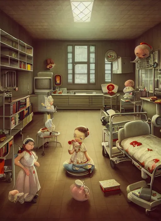 Image similar to highly detailed wide - angle portrait of a retro 1 9 6 0 s hospital, nicoletta ceccoli, mark ryden, lostfish, earl nore, hyung tae, frank frazetta, global illumination, god rays, detailed and intricate environment