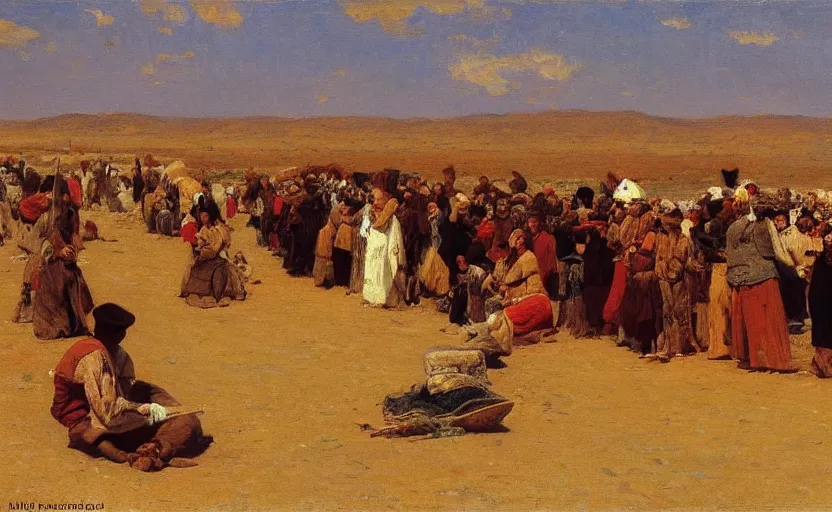 Image similar to high quality high detail painting by ilya repin, a long row of people in the desert, hd