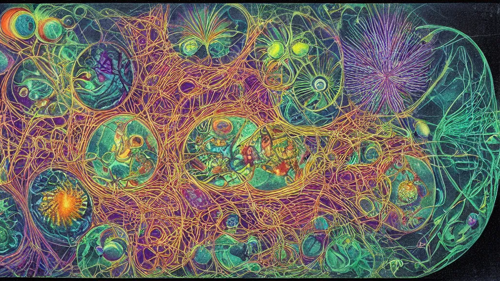 Image similar to quantum connections represented as symbiotic organisms like cells playing around with colorful lights by ernst haeckel, liquid