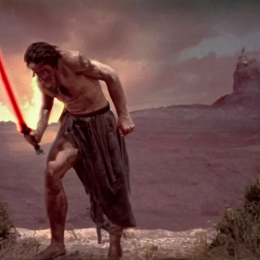 Image similar to a film still of cain ( from the bible ) in star wars 1 9 7 7, realistic, photorealistic