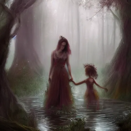 Prompt: sensual woman and her daughter making a sacrifice in a magical forest by leesha hannigan, fantasy, highly detailed faces, magical forest, pond, fog, digital art, artwork