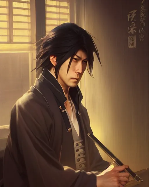 Image similar to hijikata suishan in hakuoki, fine details. night setting. realistic shaded lighting poster by craig mullism, artgerm, jeremy lipkin and michael garmash, unreal engine, radiant light, detailed and intricate environment, digital art,